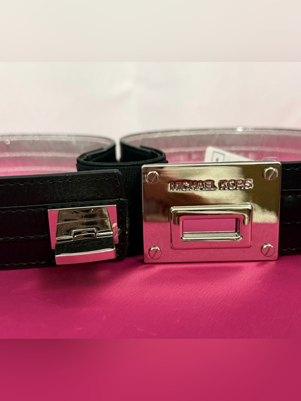Michael Kors Black Chunky Wide Synthetic Leather Belt w/Silver Logo Plate Large - Picture 5 of 6